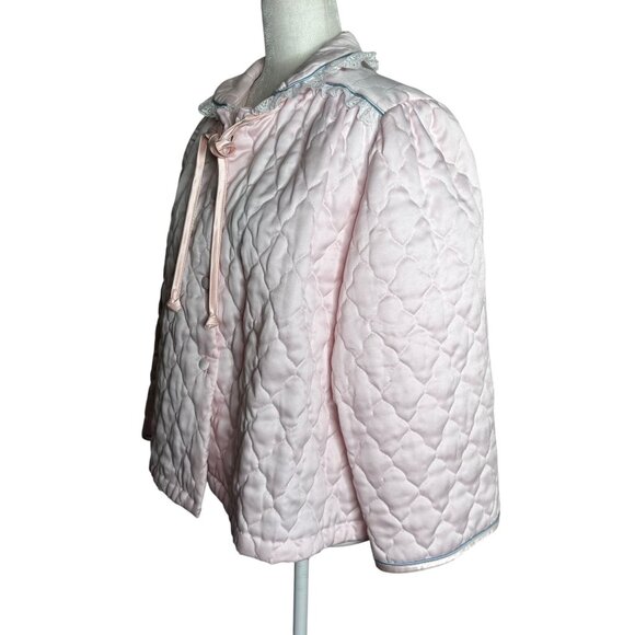 Vintage 80s Appel Quilted Bed Jacket Large Light Pink Lace Polyester Buttons - Picture 6 of 9